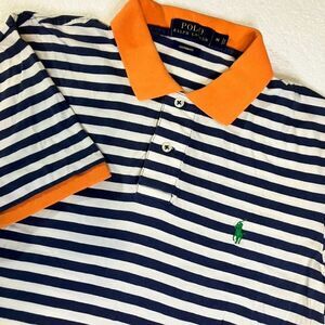POLO Ralph Lauren Custom Fit MEDIUM Striped Orange Blue White Short Sleeve